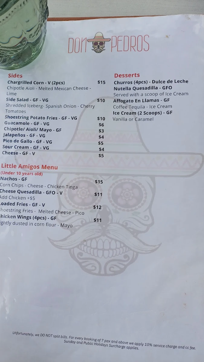 Menu, Don Pedros Bondi