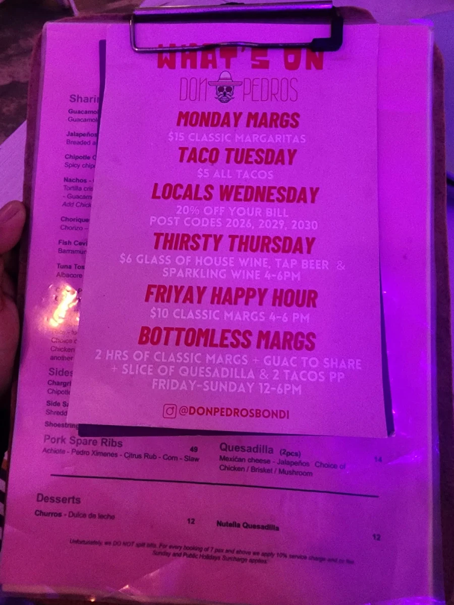 Menu, Don Pedros Bondi
