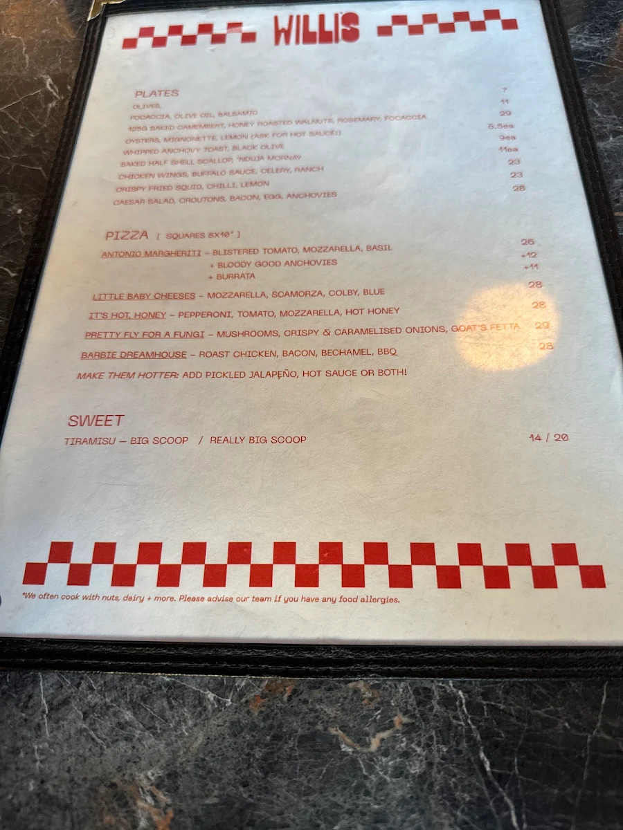Menu, Willi's Pizza Bar