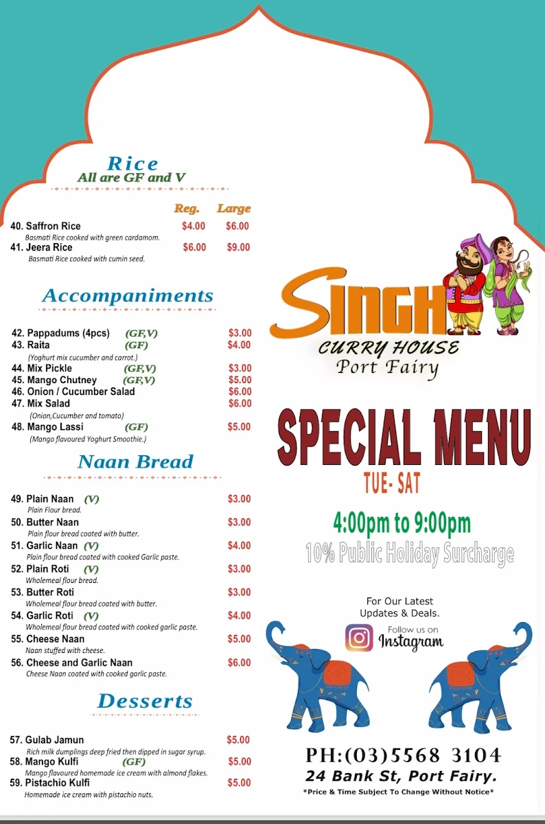 Menu, Singh Indian Curry House