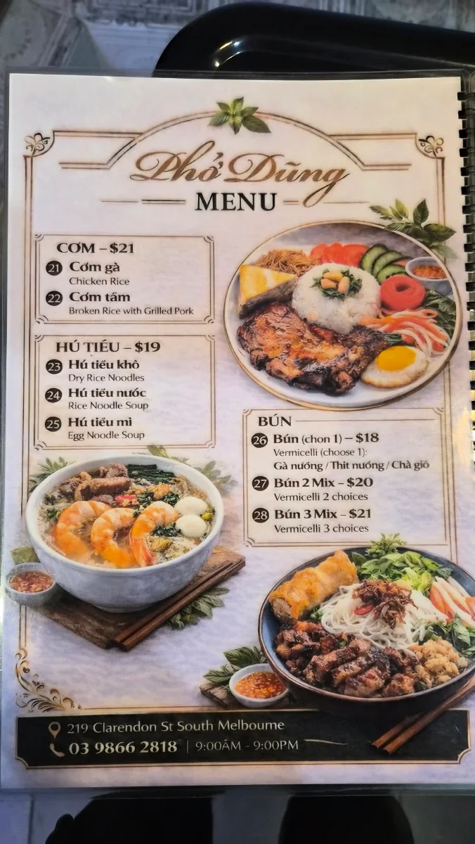 Menu, PHỞ DŨNG MELBOURNE