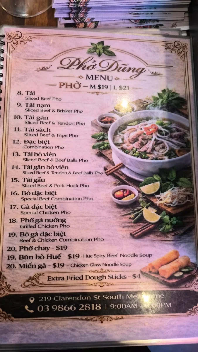 Menu, PHỞ DŨNG MELBOURNE
