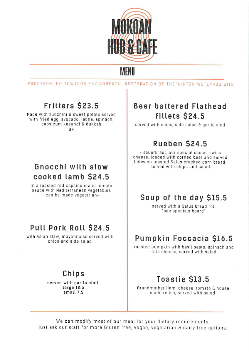 Menu, Mokoan Hub & Café