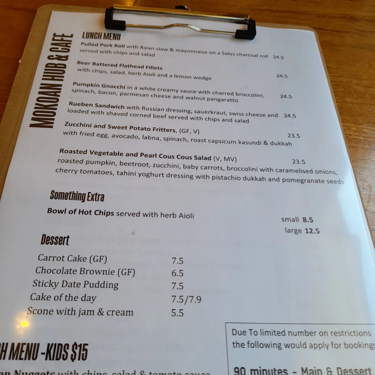 Menu, Mokoan Hub & Café