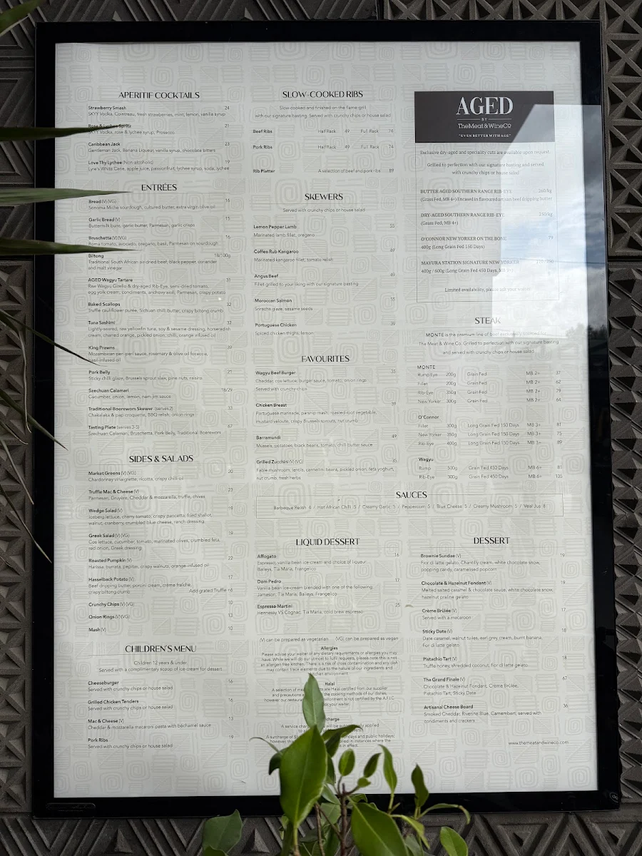Menu, The Meat & Wine Co Southbank