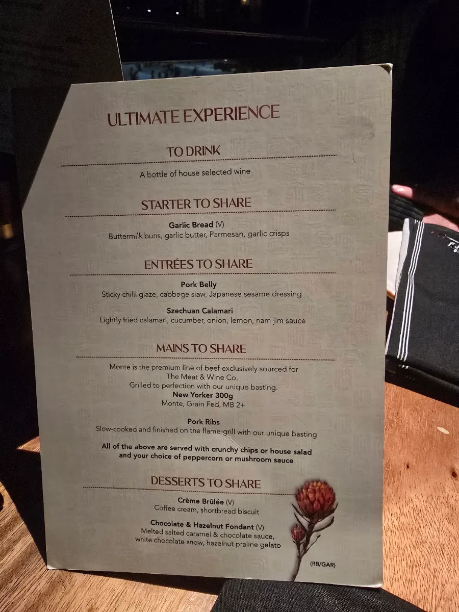 Menu, The Meat & Wine Co Southbank