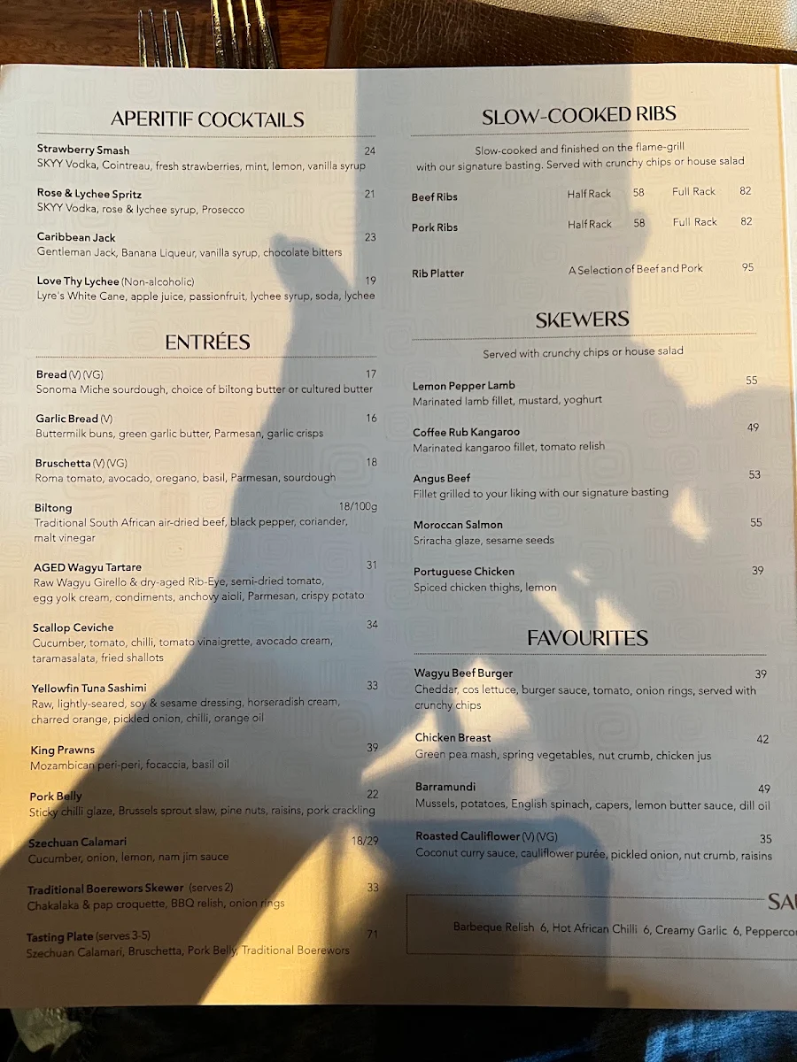 Menu, The Meat & Wine Co Southbank