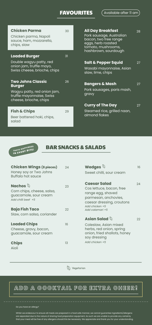 Menu, Two Johns Taphouse @ T2 Melbourne