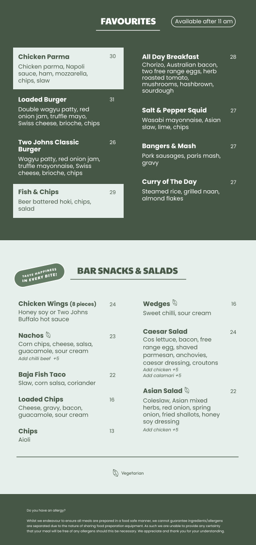 Menu, Two Johns Taphouse @ T2 Melbourne