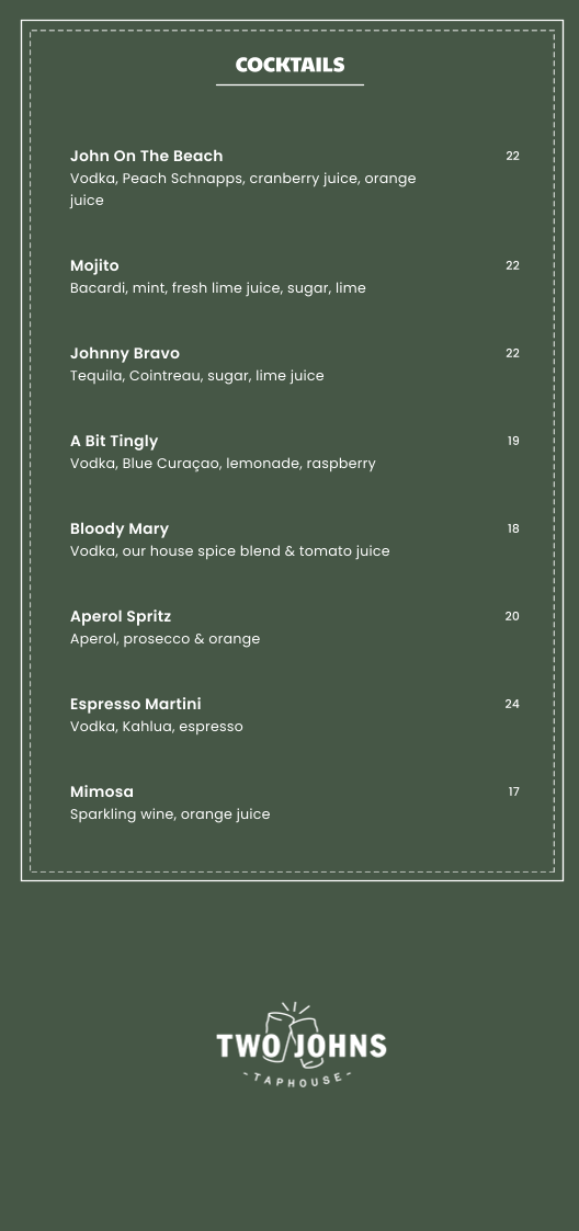 Menu, Two Johns Taphouse @ T2 Melbourne