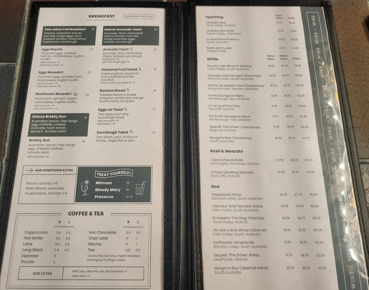 Menu, Two Johns Taphouse @ T2 Melbourne