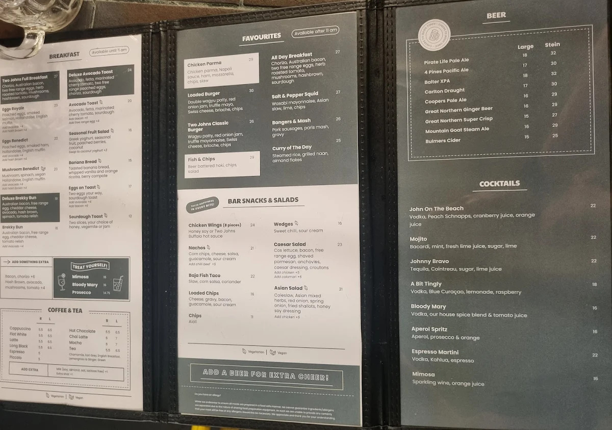 Menu, Two Johns Taphouse @ T2 Melbourne