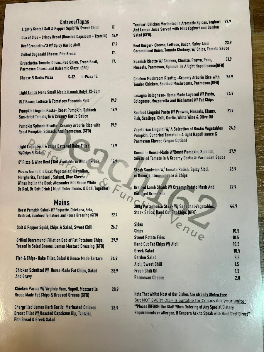 Menu, beach162 Restaurant, Cafe, Bar