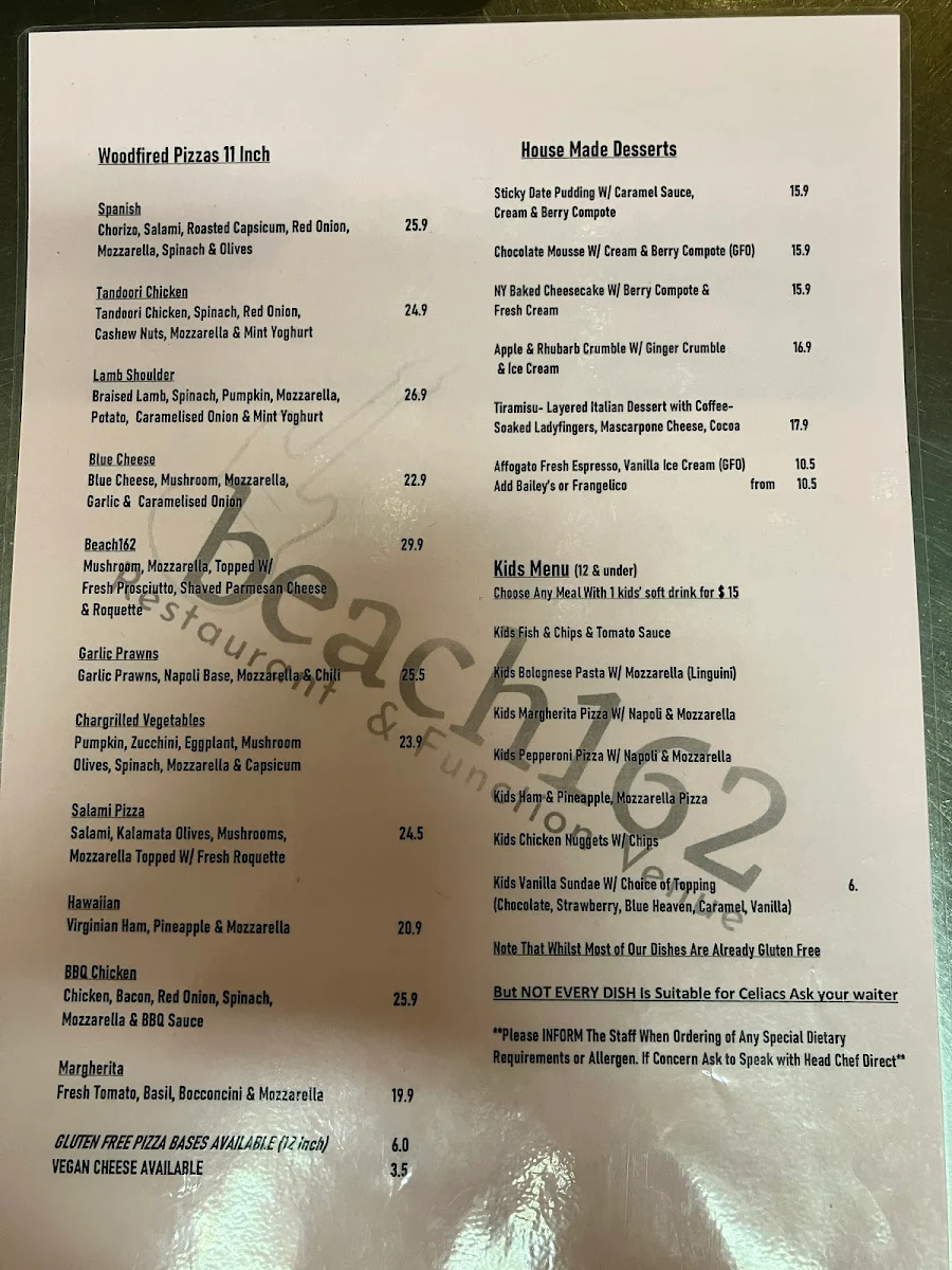 Menu, beach162 Restaurant, Cafe, Bar