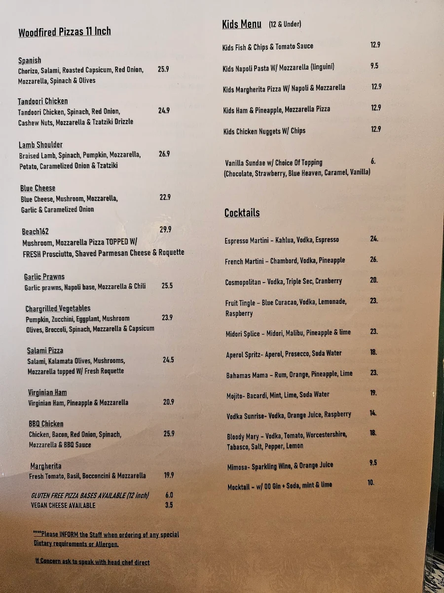 Menu, beach162 Restaurant, Cafe, Bar