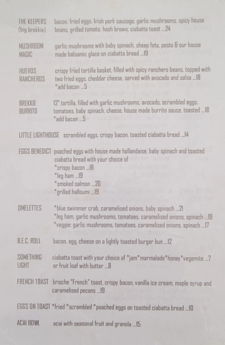 Menu, Lighthouse Cafe Port Douglas