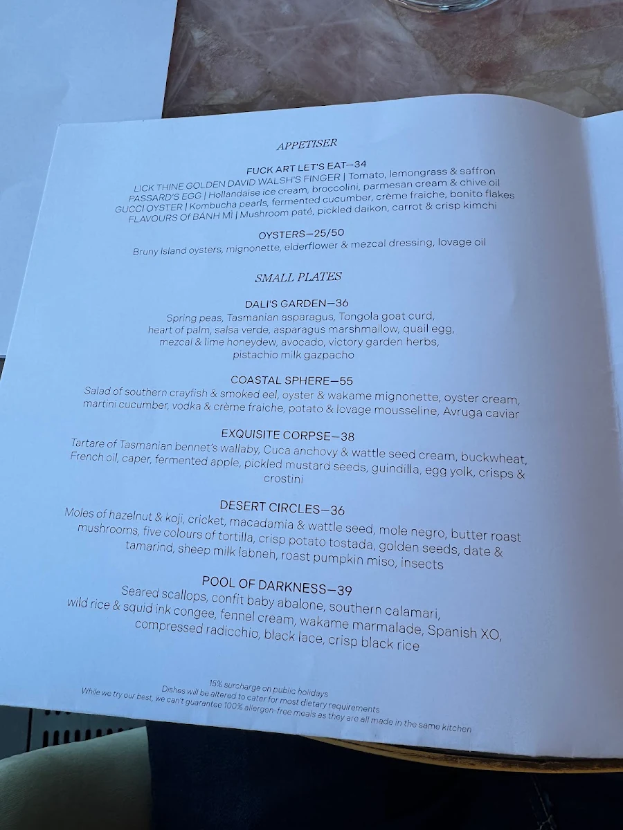Menu, Faro Bar + Restaurant