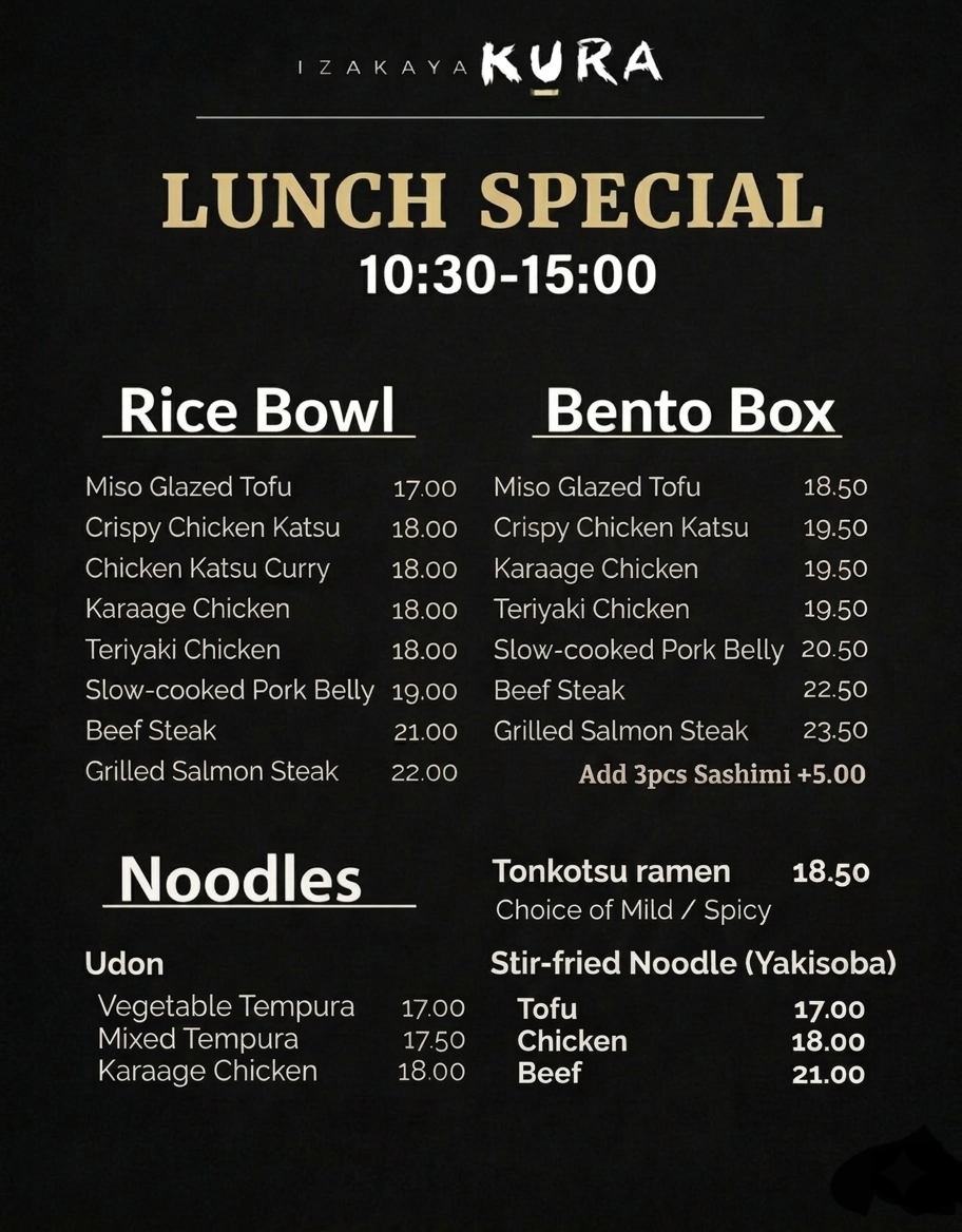 Menu, Izakaya Kura