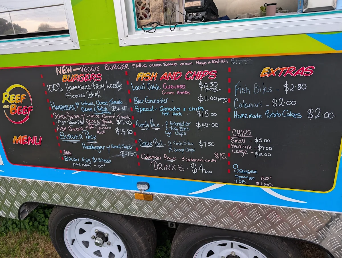 Menu, Reef and Beef - Mobile fish chips and burgers