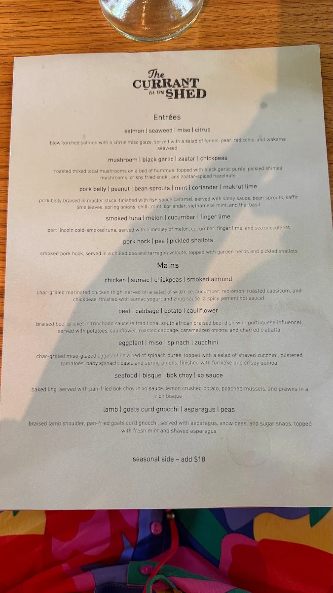 Menu, The Currant Shed Restaurant