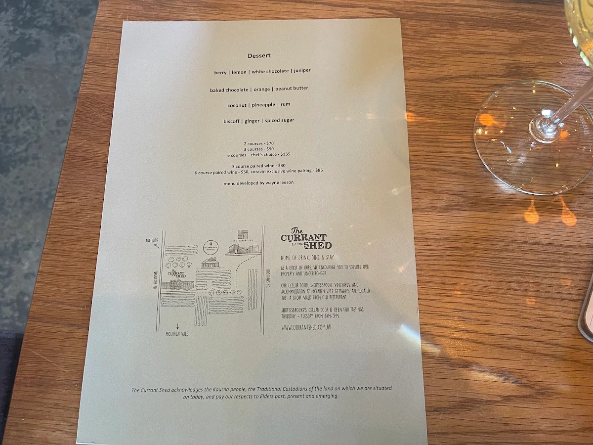 Menu, The Currant Shed Restaurant