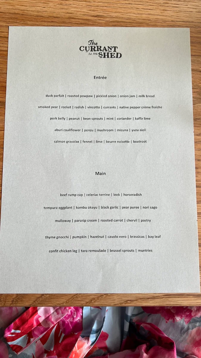Menu, The Currant Shed Restaurant