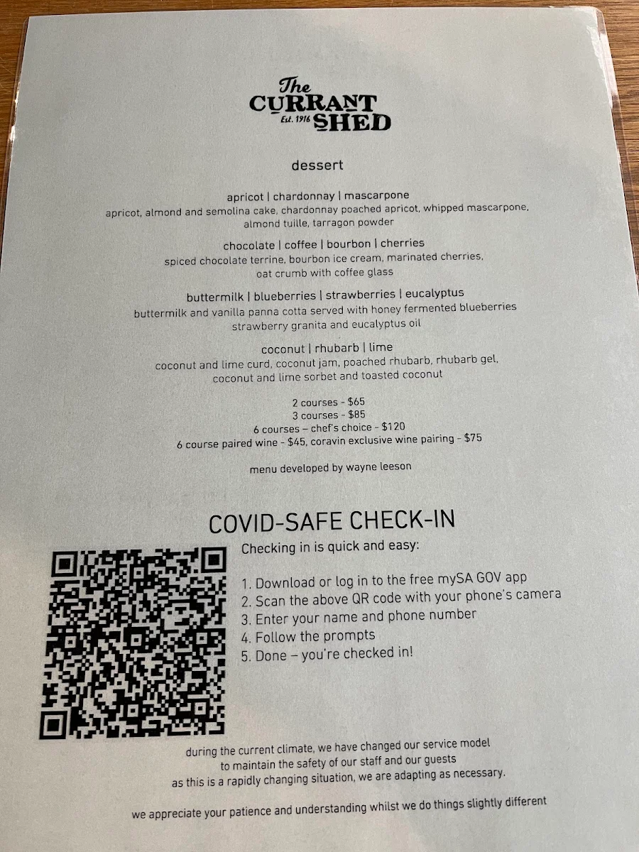 Menu, The Currant Shed Restaurant