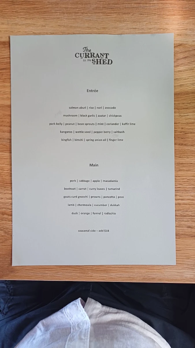 Menu, The Currant Shed Restaurant