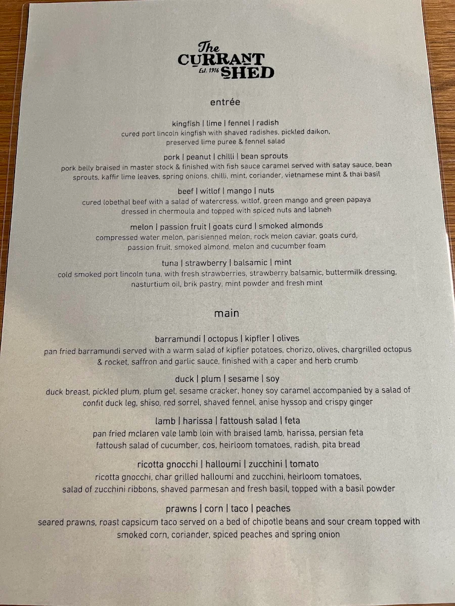Menu, The Currant Shed Restaurant