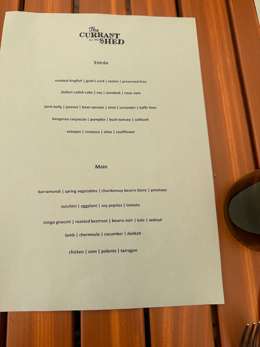 Menu, The Currant Shed Restaurant