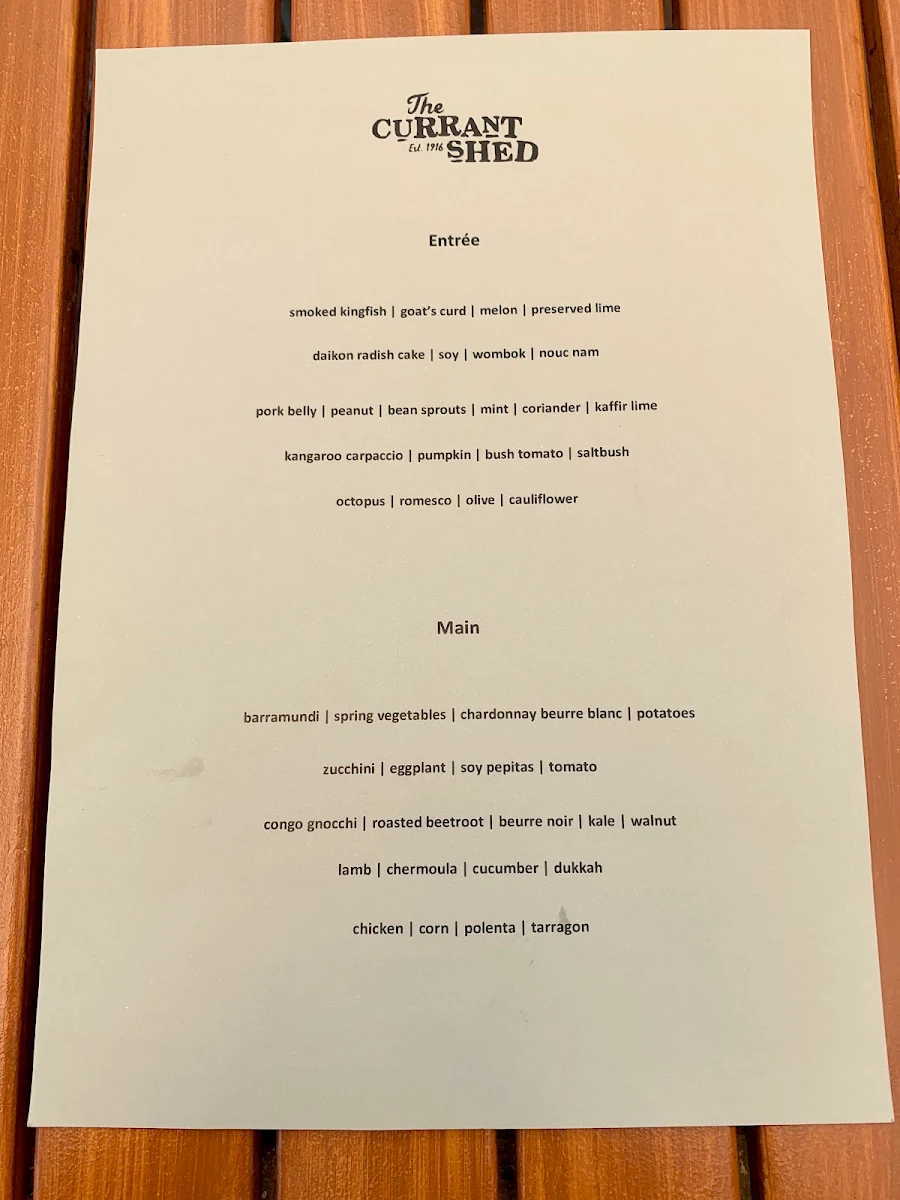 Menu, The Currant Shed Restaurant