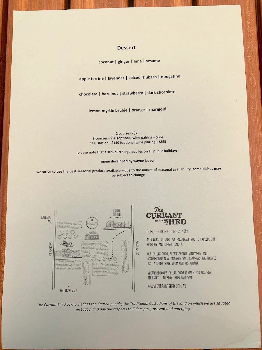 Menu, The Currant Shed Restaurant