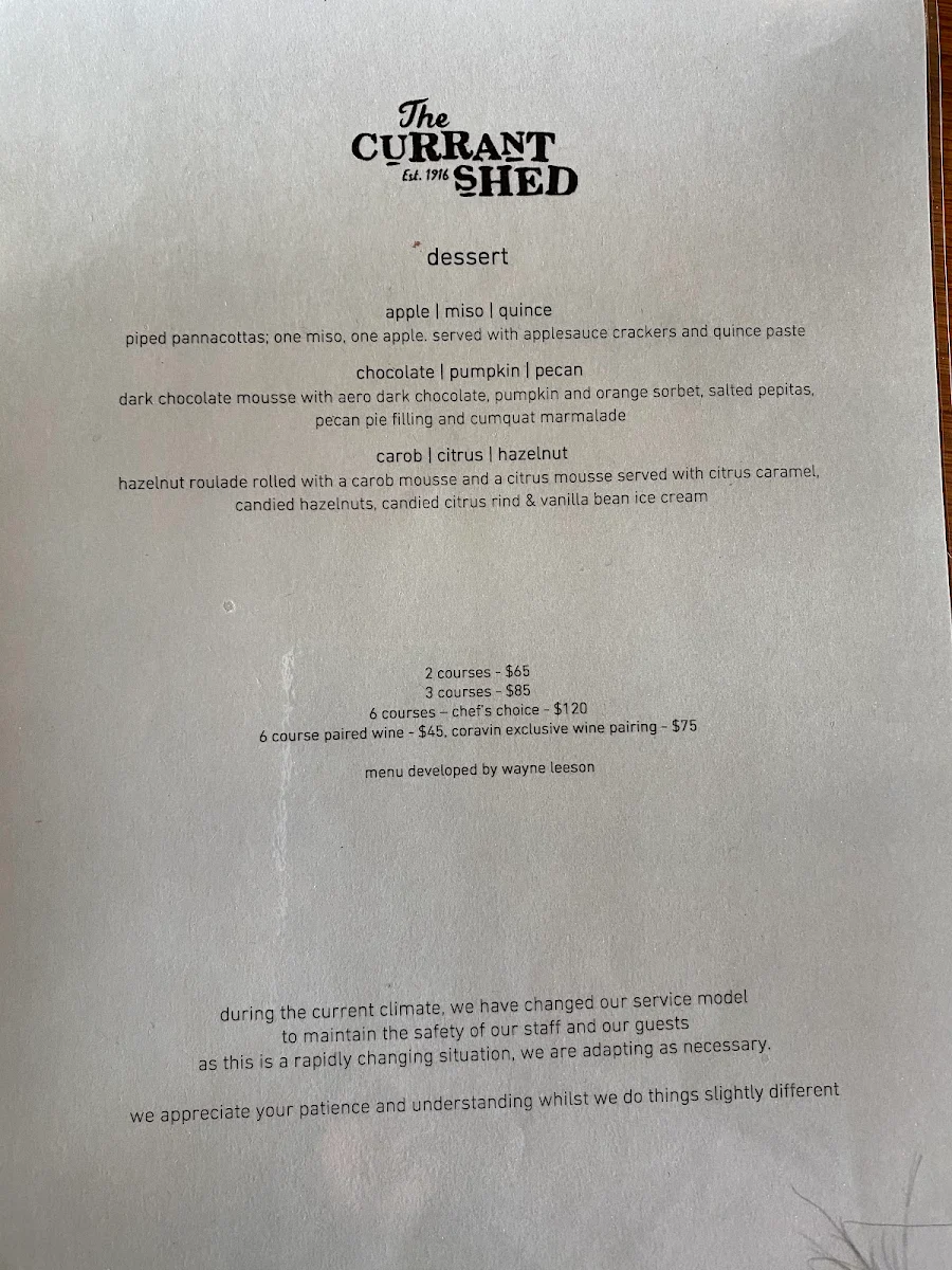 Menu, The Currant Shed Restaurant