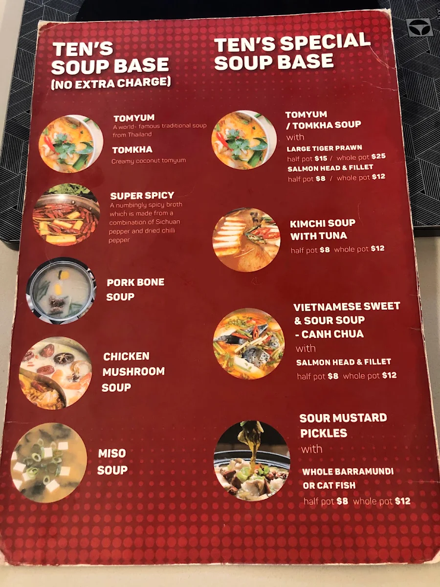 Menu, TEN BBQ & HOTPOT