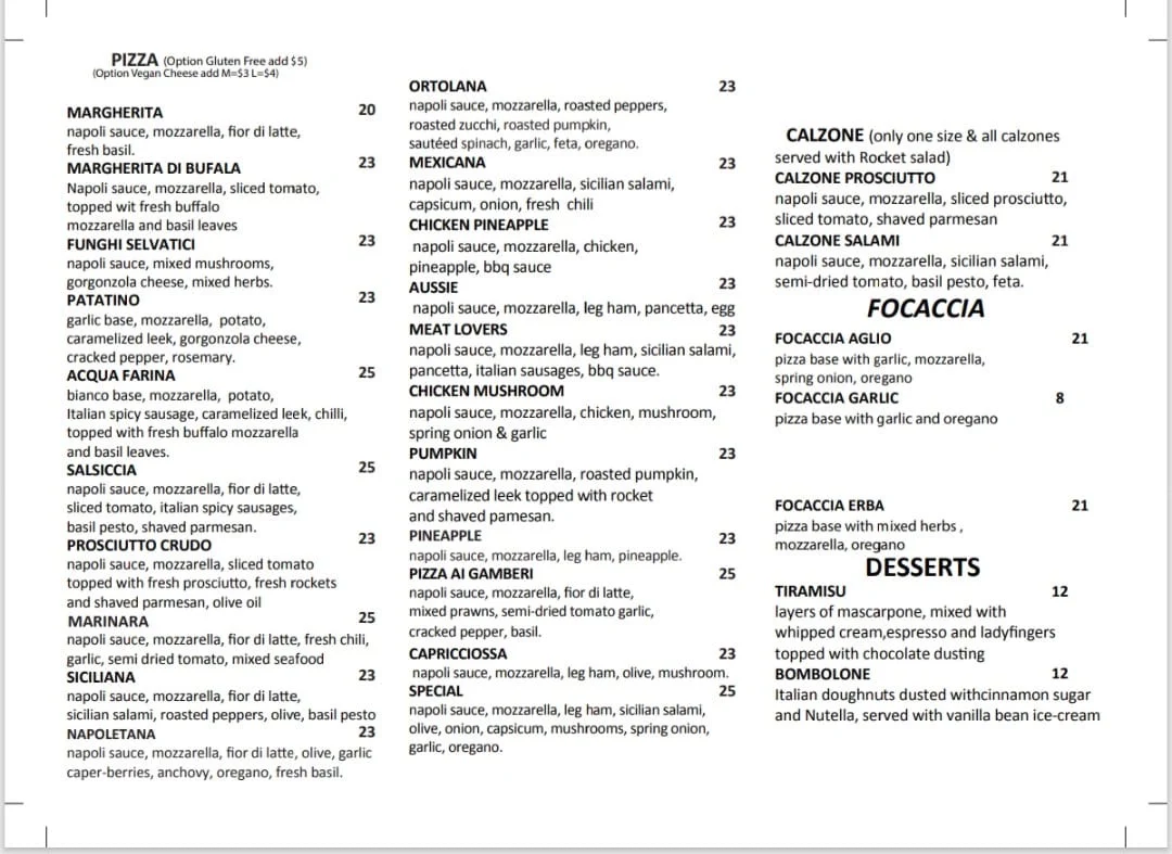 Menu, Antico Sapore
