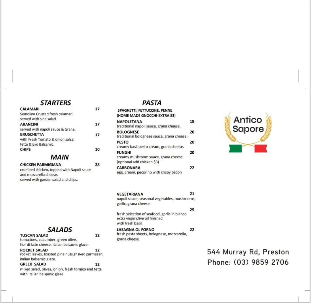 Menu, Antico Sapore