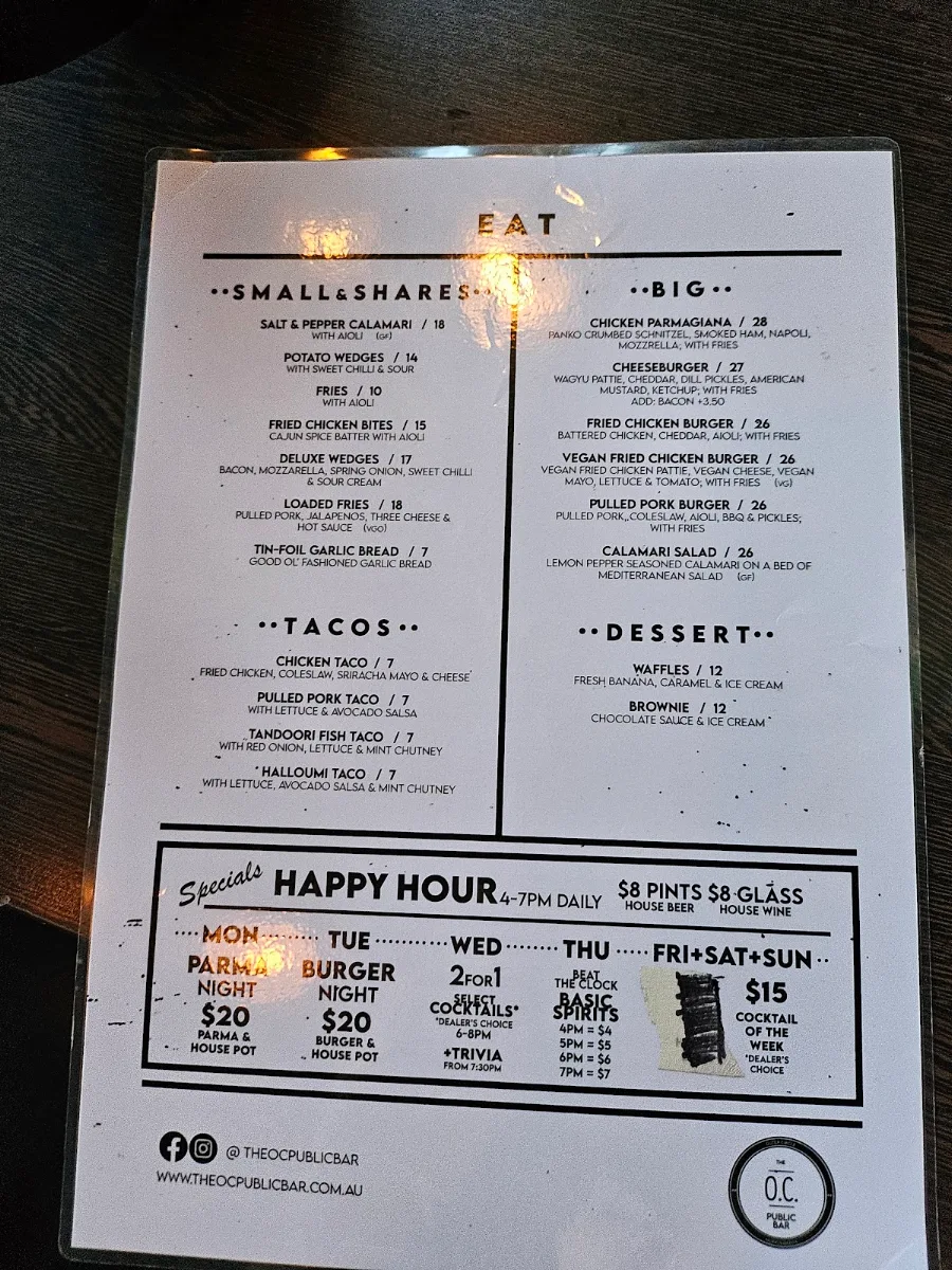 Menu, The O.C. Public Bar