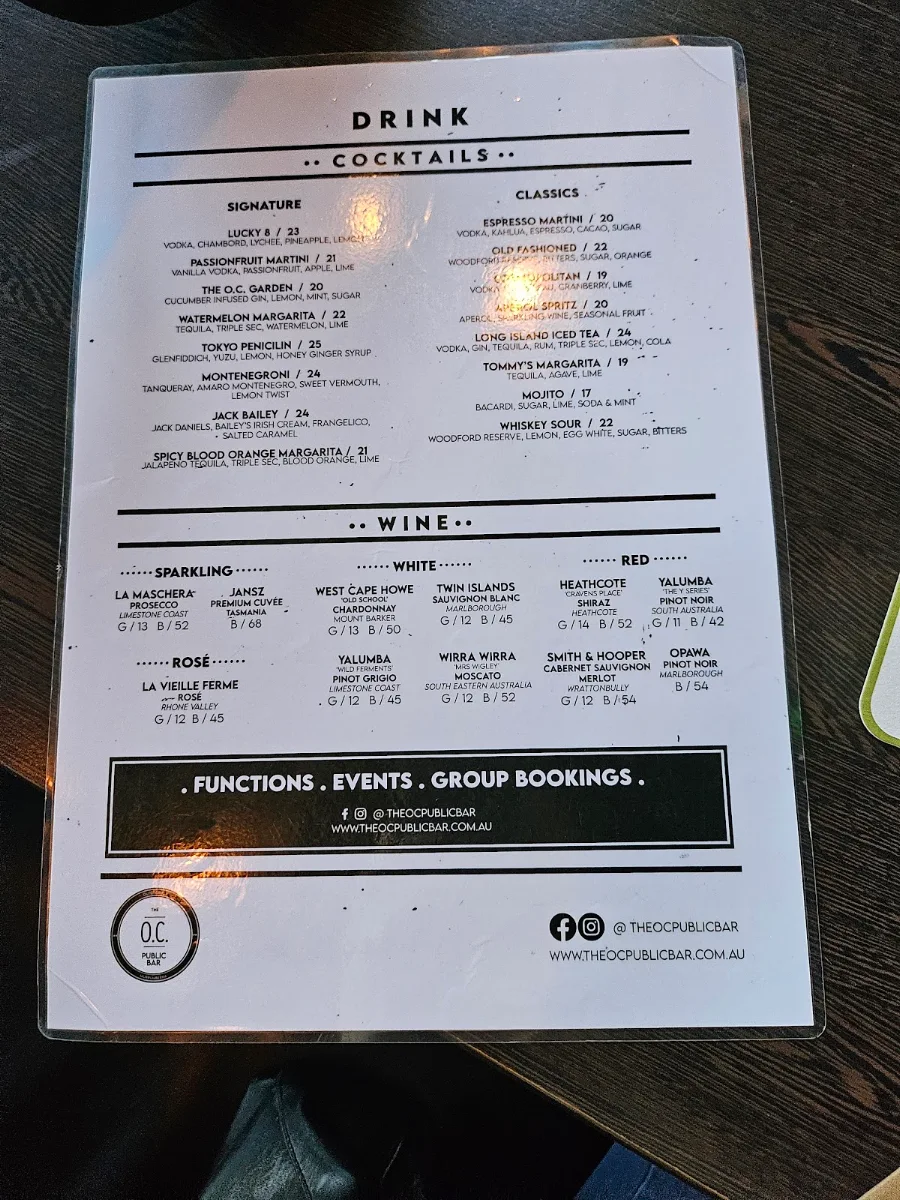 Menu, The O.C. Public Bar