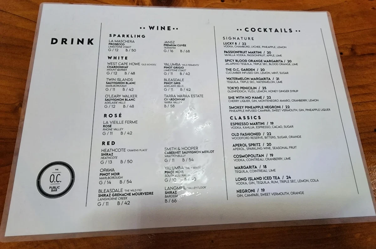Menu, The O.C. Public Bar