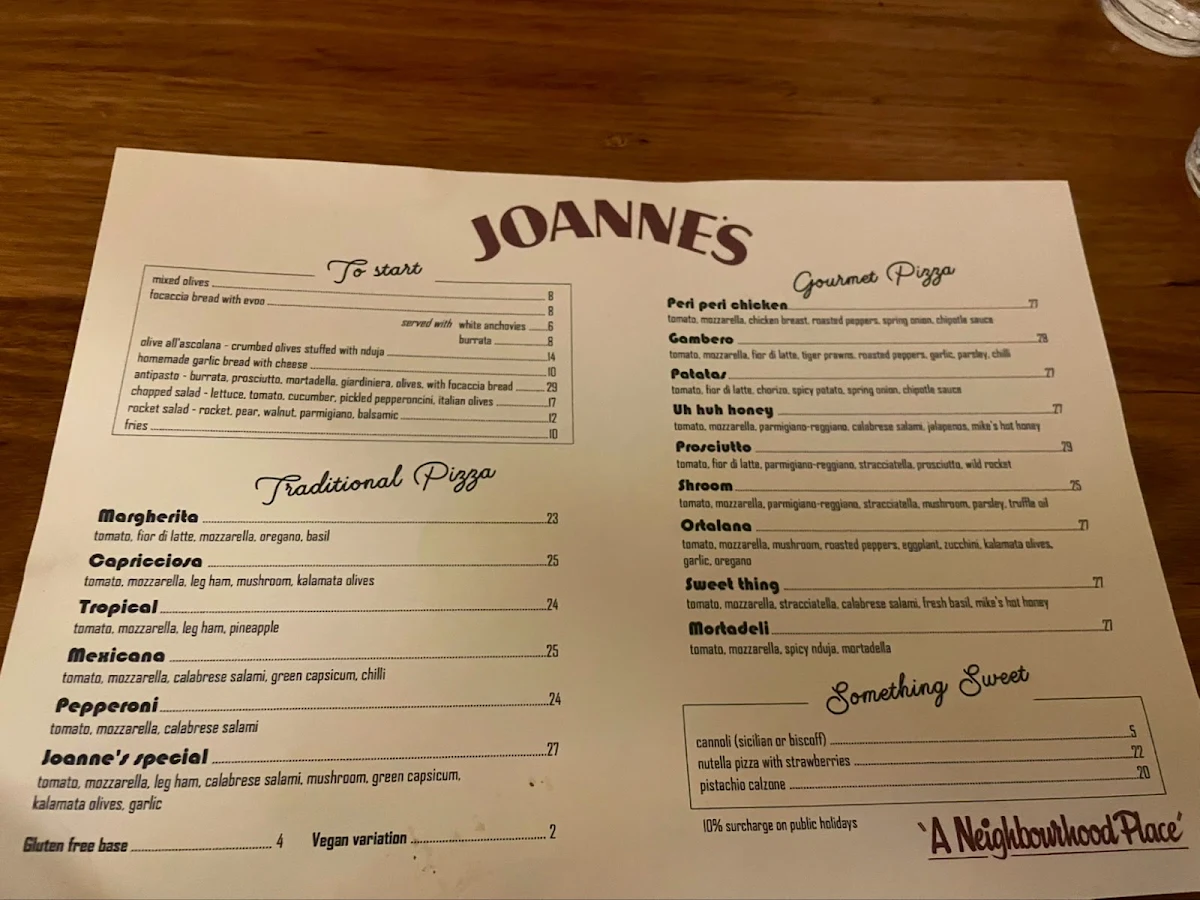 Menu, Joanne's Pizzeria