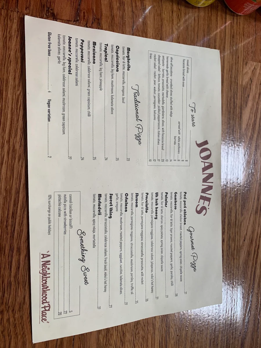 Menu, Joanne's Pizzeria