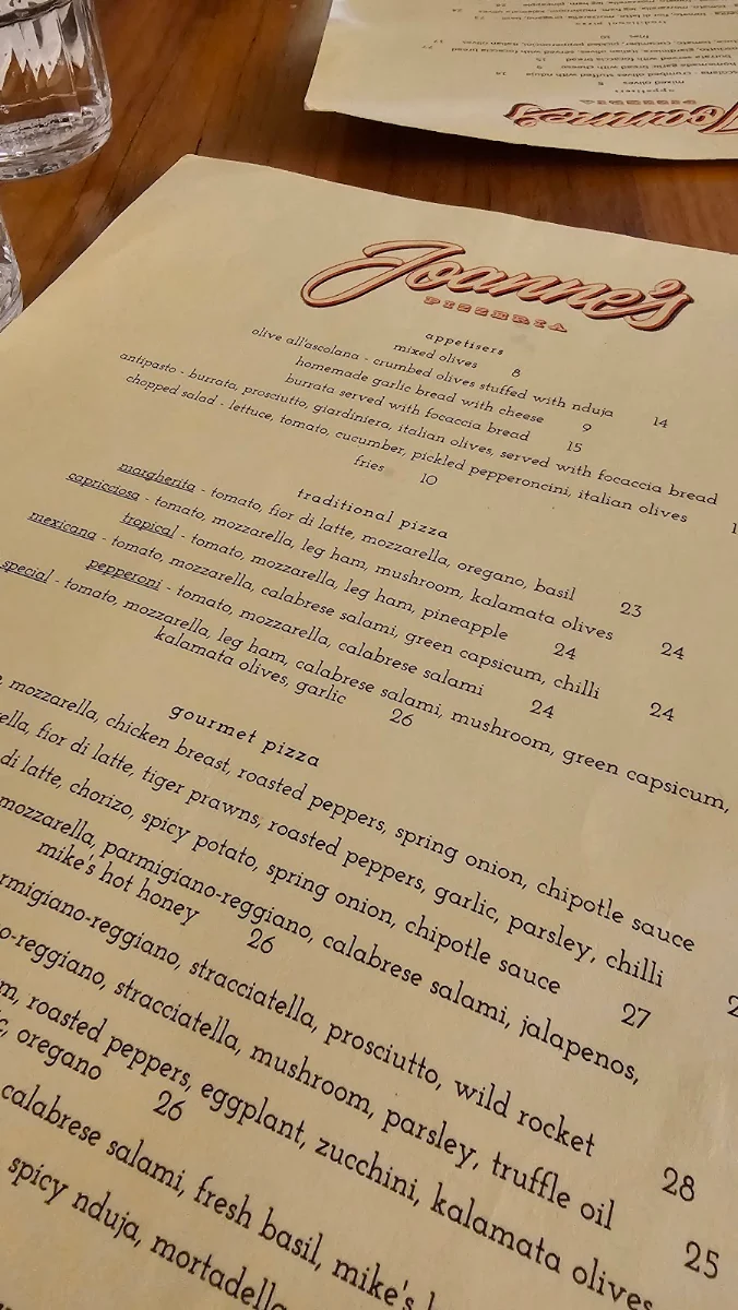 Menu, Joanne's Pizzeria