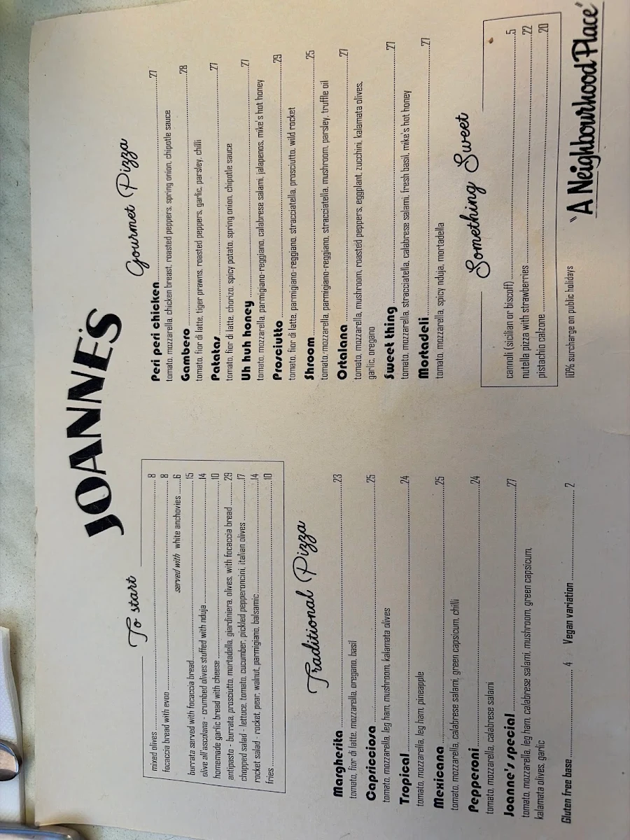 Menu, Joanne's Pizzeria