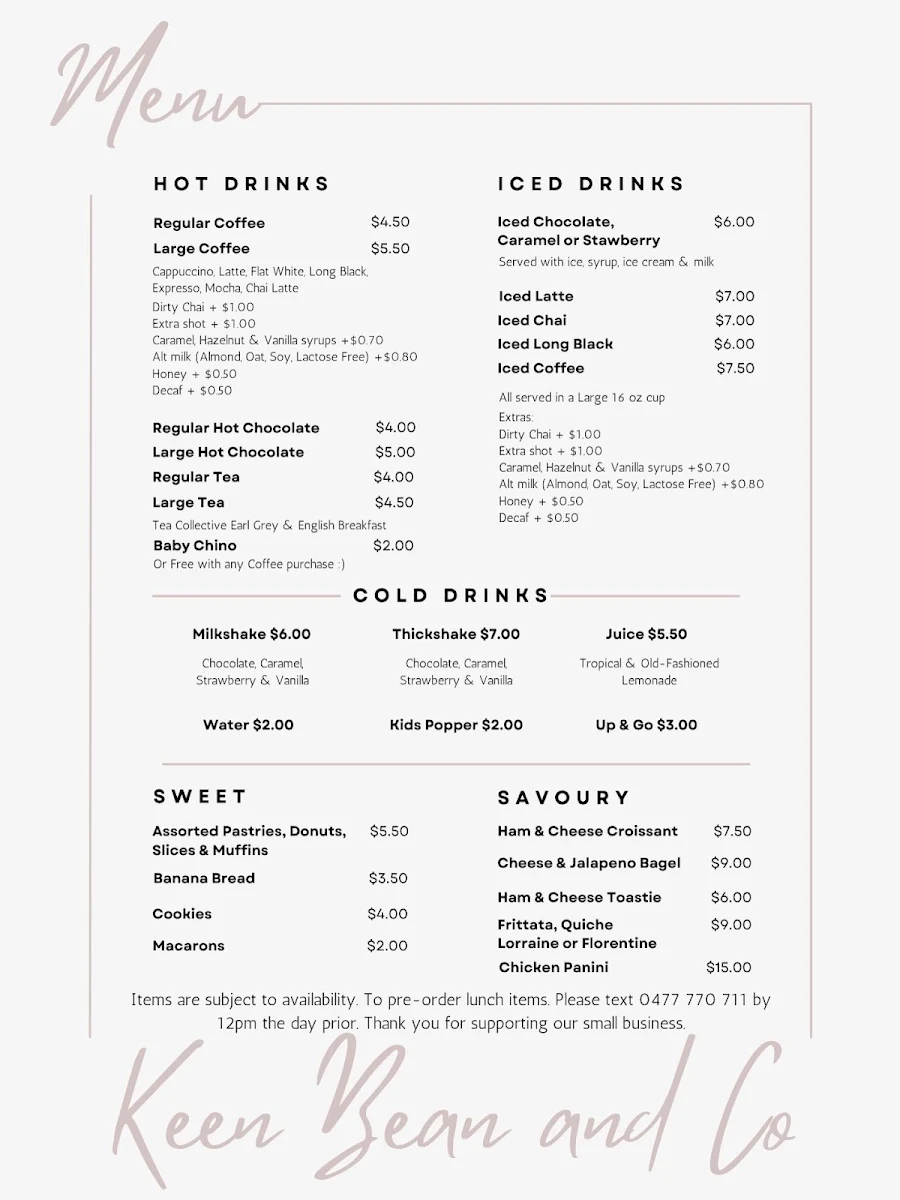 Menu, The Keen Bean & Co.