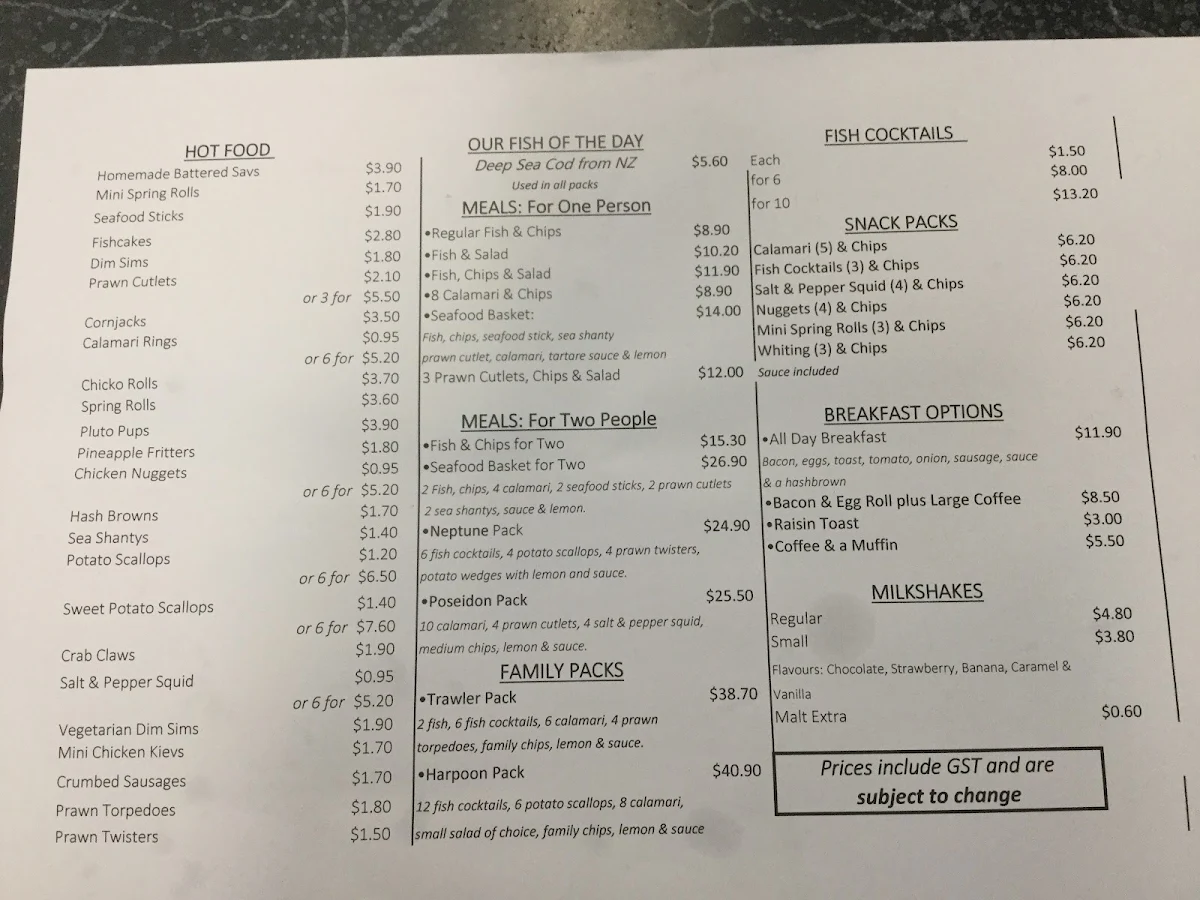 Menu, Lucky's Seafood
