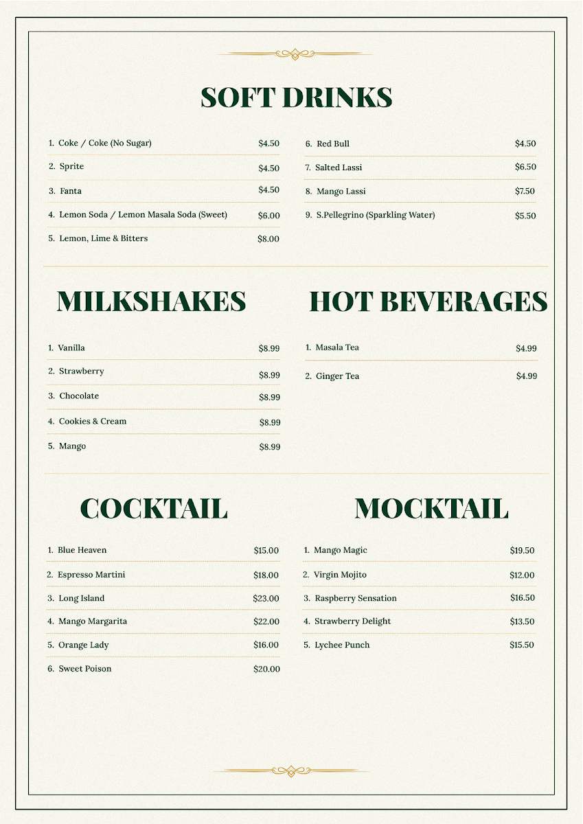 Menu, Saffron & Smoke