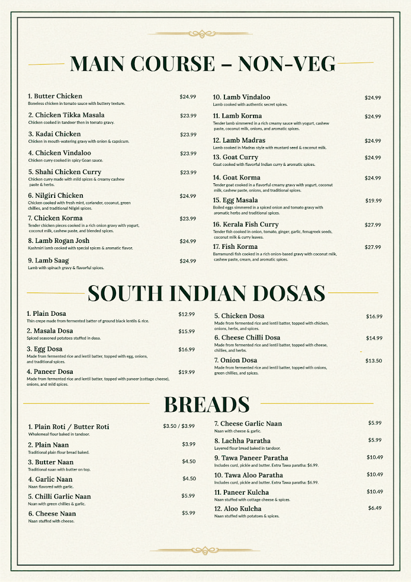 Menu, Saffron & Smoke