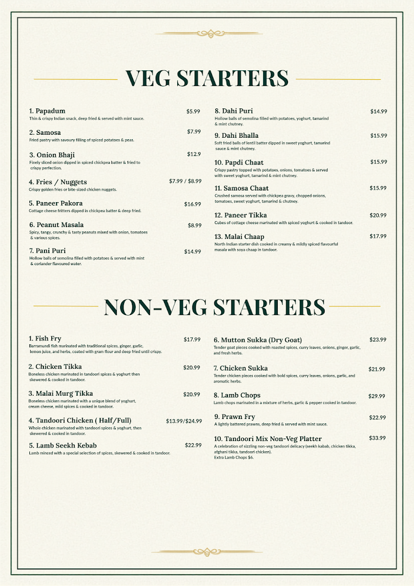 Menu, Saffron & Smoke