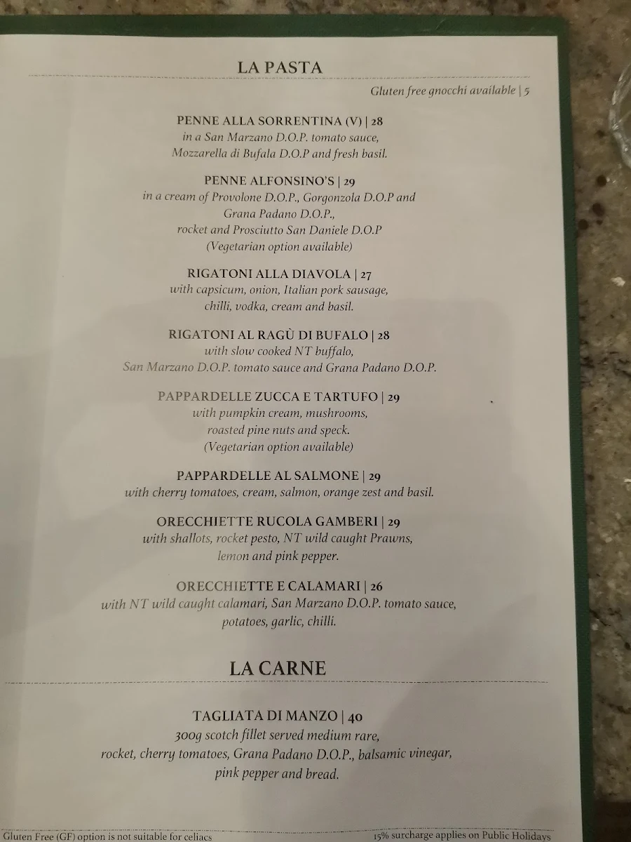 Menu, Alfonsino's