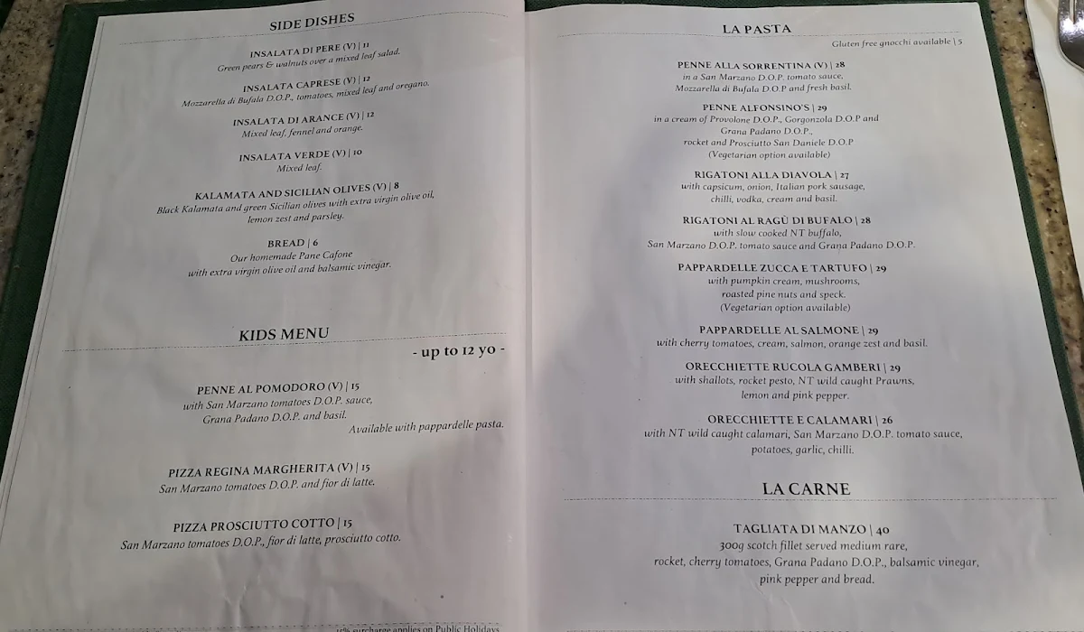 Menu, Alfonsino's